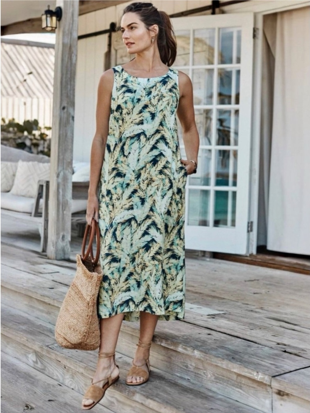J.Jill 100% Linen Yellow Blue Green Tropical Leaves Print Dress Petite Medium
